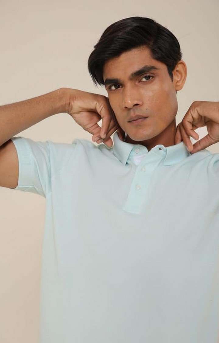 SUBTRACT-Men Ice Blue Comfort Fit Solid Polo Casual T-Shirt