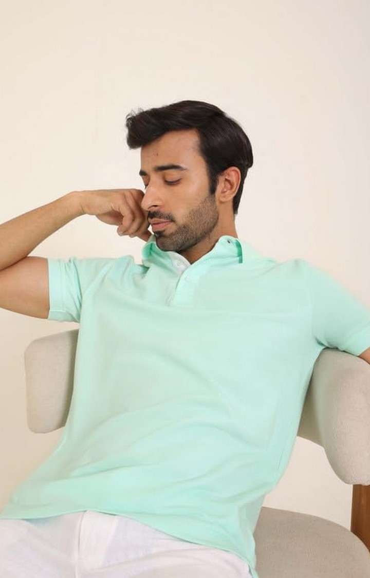 SUBTRACT-Men Ice Green Comfort Fit Solid Polo Casual T-Shirt