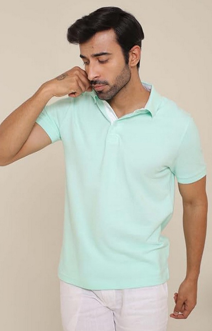 SUBTRACT-Men Ice Green Comfort Fit Solid Polo Casual T-Shirt