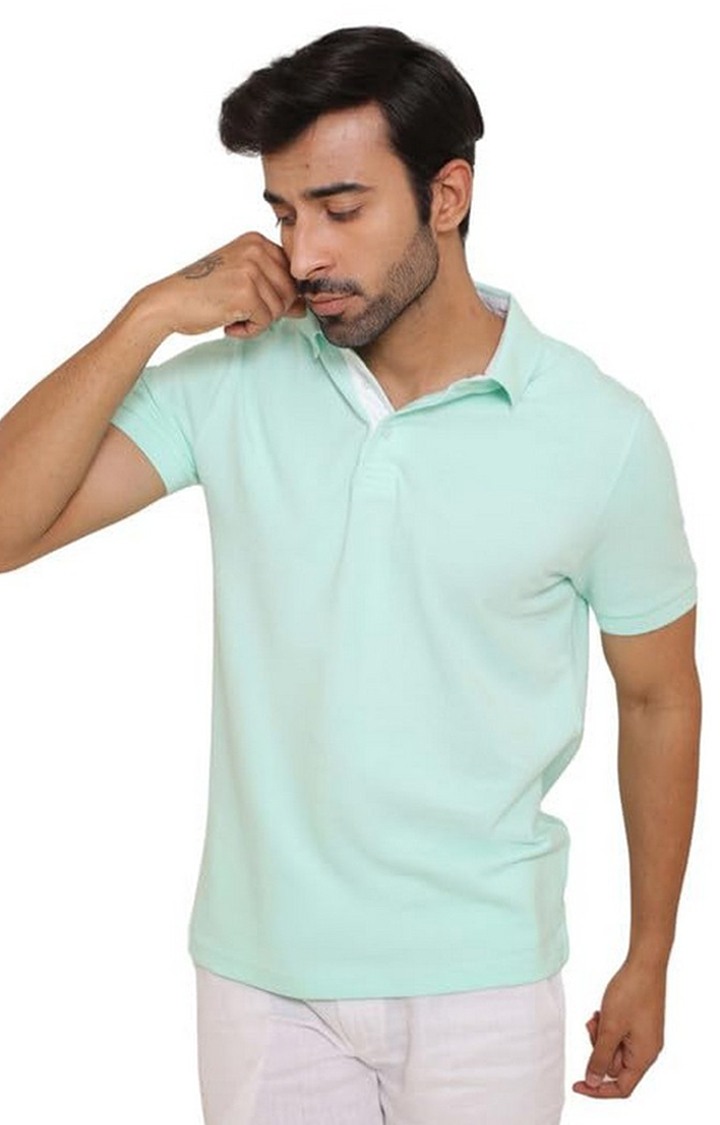 SUBTRACT-Men Ice Green Comfort Fit Solid Polo Casual T-Shirt