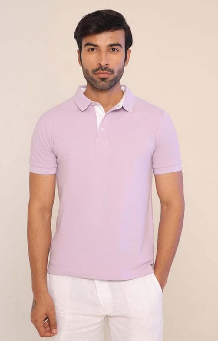 SUBTRACT-Men Lilac Comfort Fit Solid Polo Casual T-Shirt