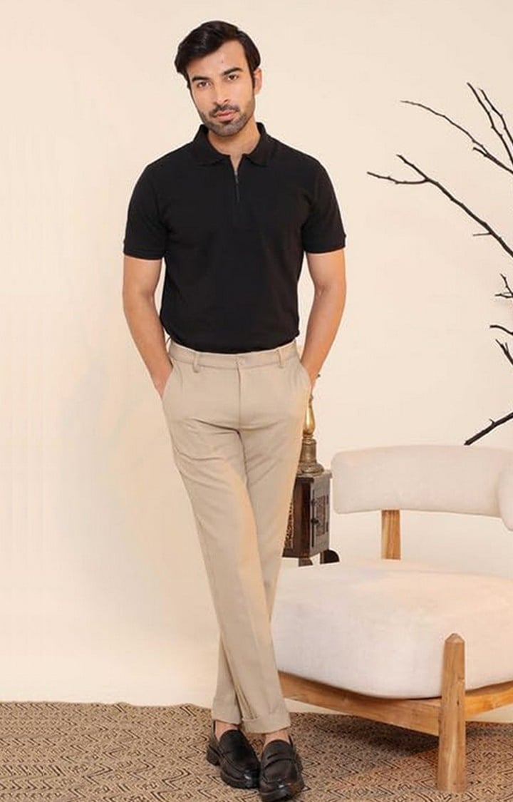 SUBTRACT-Men Black Comfort Fit Solid Polo T-Shirt with Hidden Zipper
