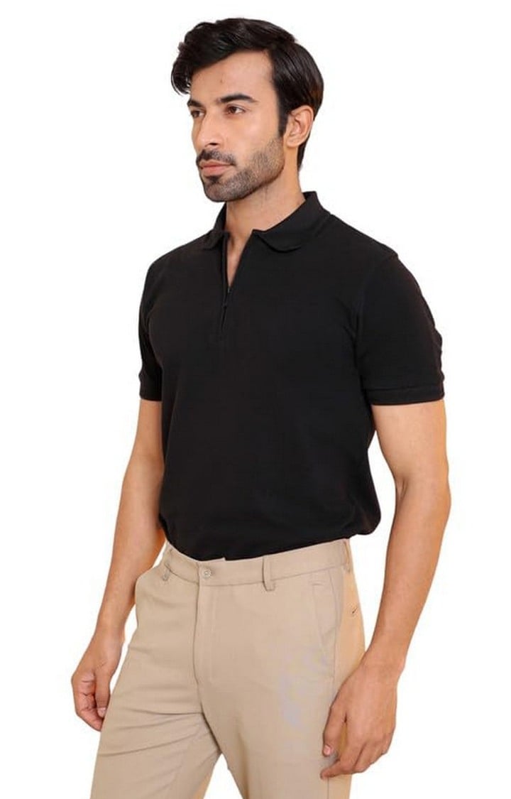 SUBTRACT-Men Black Comfort Fit Solid Polo T-Shirt with Hidden Zipper