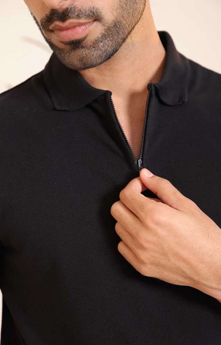 SUBTRACT-Men Black Comfort Fit Solid Polo T-Shirt with Hidden Zipper