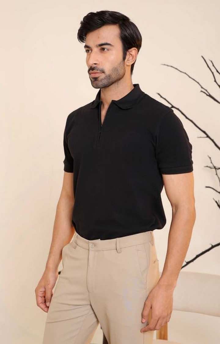 SUBTRACT-Men Black Comfort Fit Solid Polo T-Shirt with Hidden Zipper