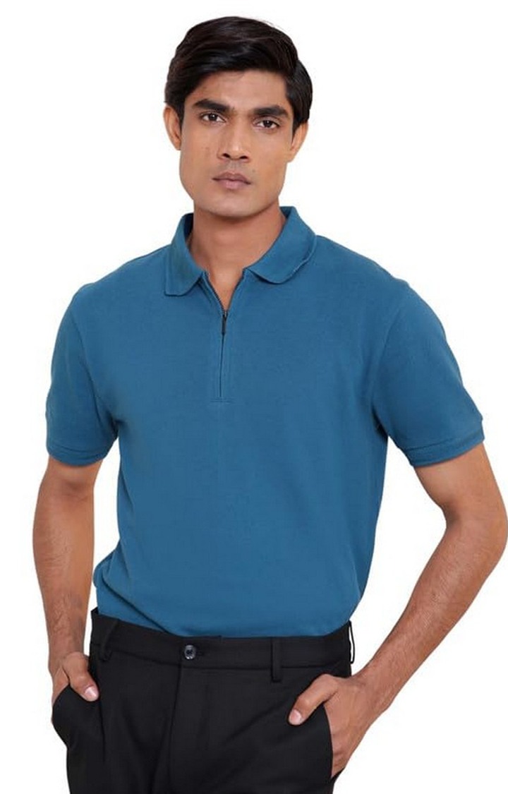SUBTRACT-Men Dark Teal Comfort Fit Solid Polo T-Shirt with Hidden Zipper