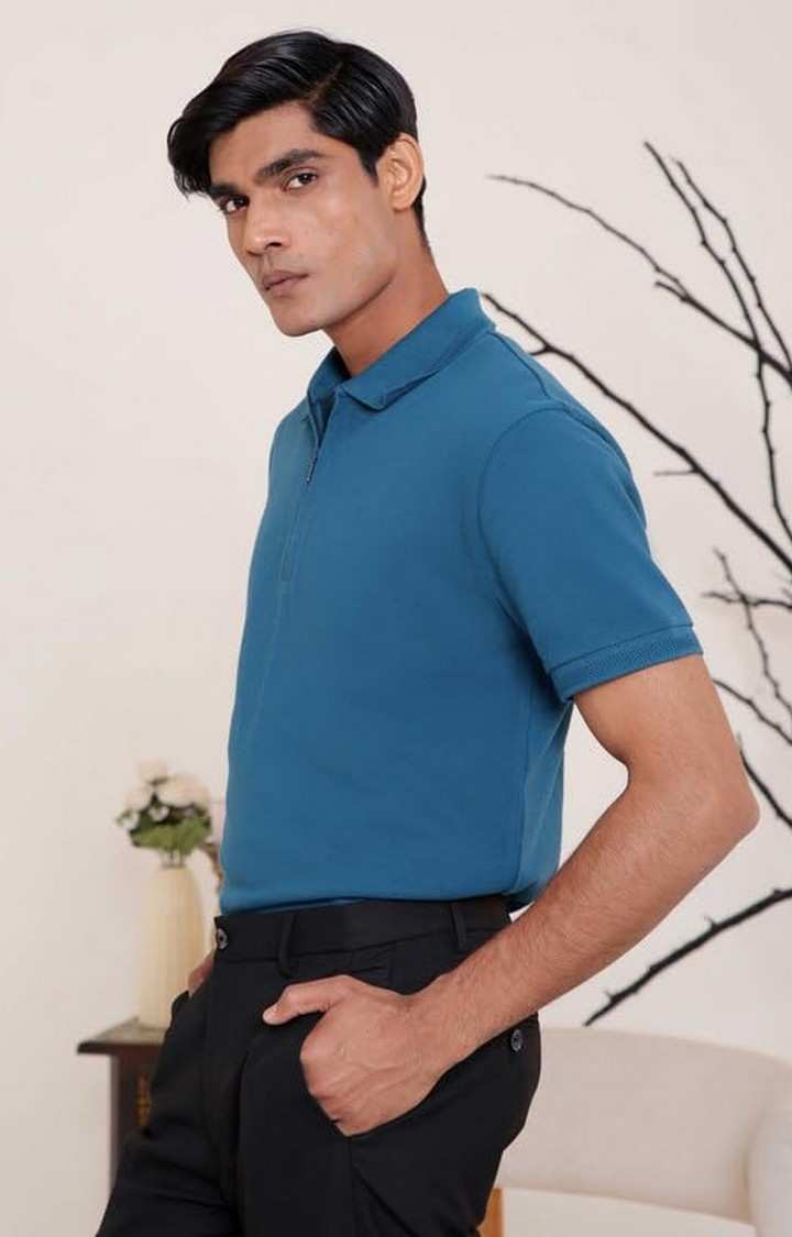 SUBTRACT-Men Dark Teal Comfort Fit Solid Polo T-Shirt with Hidden Zipper