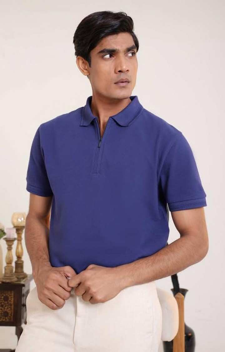 SUBTRACT-Men Indigo Blue Comfort Fit Solid Polo T-Shirt with Hidden Zipper