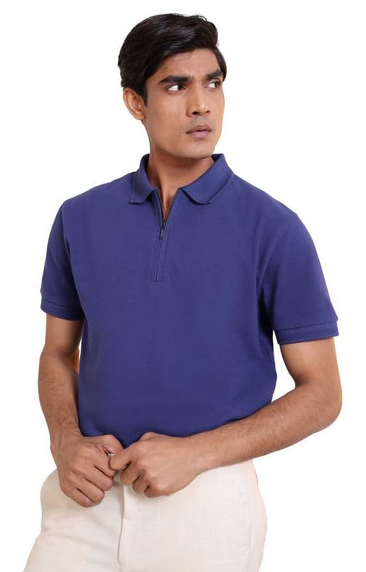 SUBTRACT-Men Indigo Blue Comfort Fit Solid Polo T-Shirt with Hidden Zipper