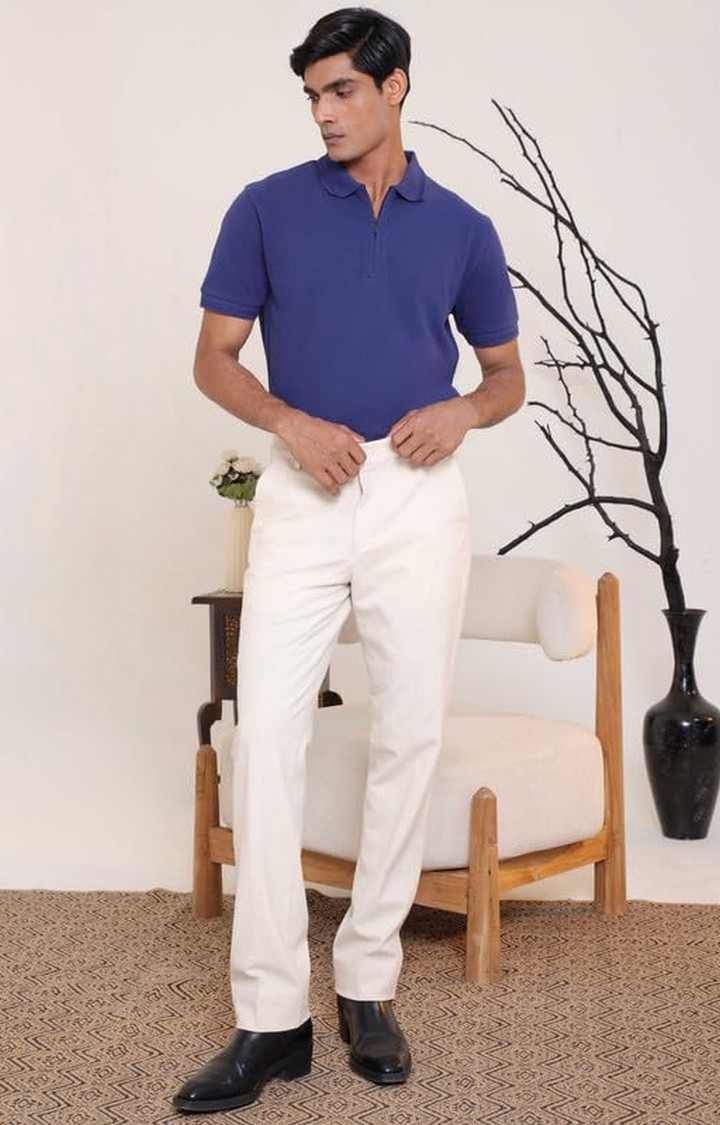 SUBTRACT-Men Indigo Blue Comfort Fit Solid Polo T-Shirt with Hidden Zipper