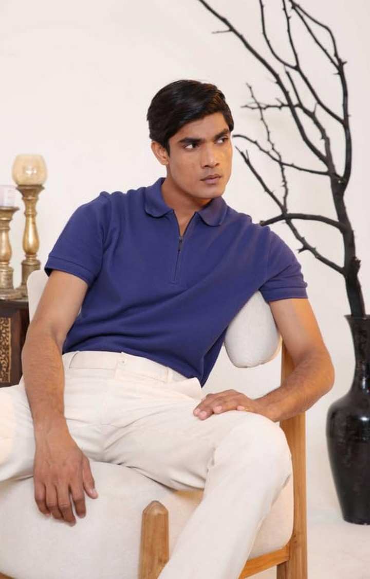 SUBTRACT-Men Indigo Blue Comfort Fit Solid Polo T-Shirt with Hidden Zipper