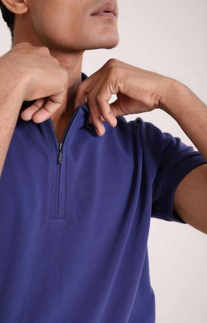 SUBTRACT-Men Indigo Blue Comfort Fit Solid Polo T-Shirt with Hidden Zipper