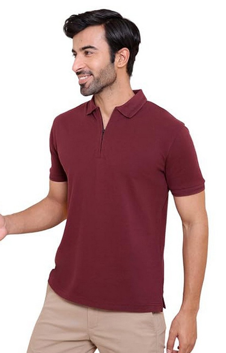 SUBTRACT-Men Maroon Comfort Fit Solid Polo T-Shirt with Hidden Zipper