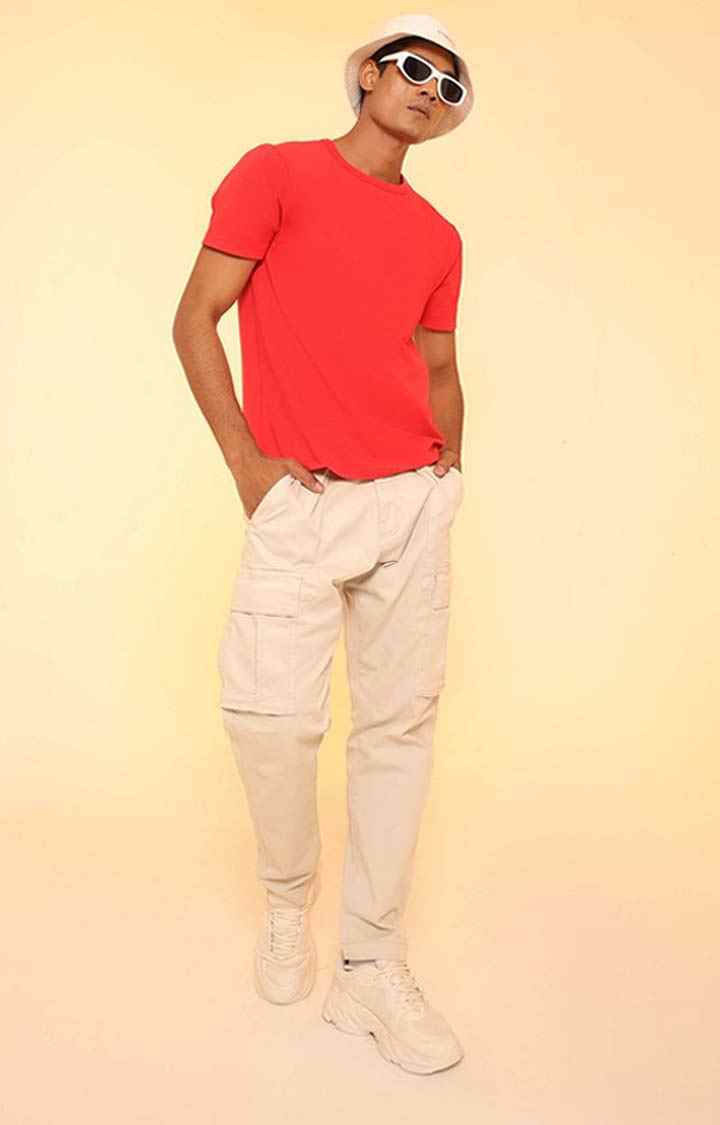 SUBTRACT-Men Coral Red Comfort Fit Solid 4-Way Stretch Round Neck Tshirt