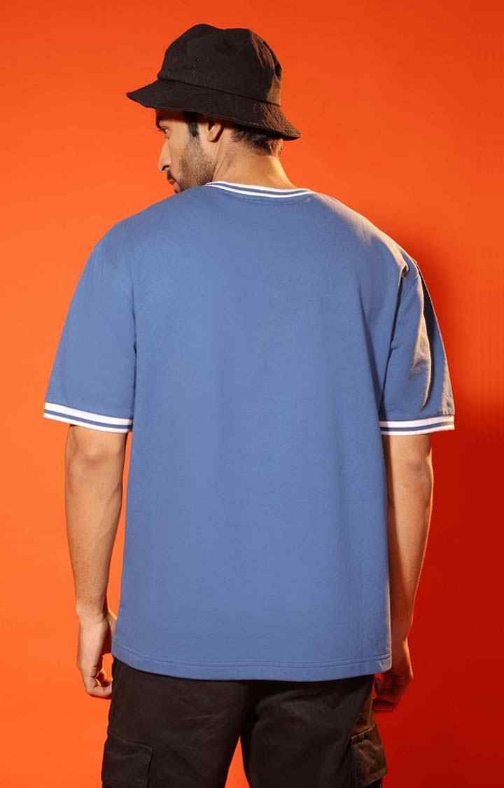 SUBTRACT-Men Denim Blue Round Neck Oversized Tshirt with Contrast Rib Details