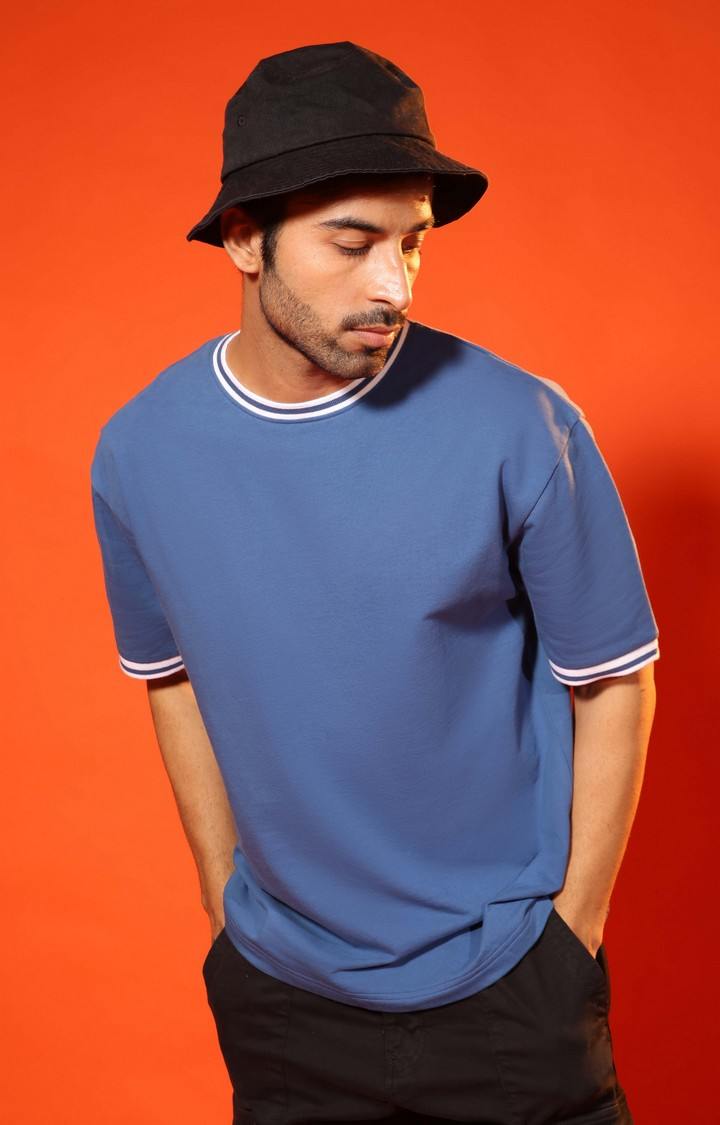 SUBTRACT-Men Denim Blue Round Neck Oversized Tshirt with Contrast Rib Details