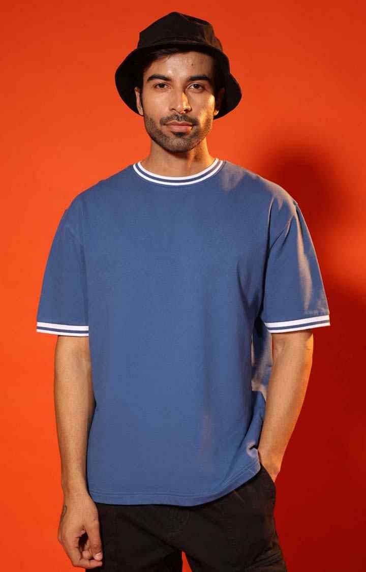 SUBTRACT-Men Denim Blue Round Neck Oversized Tshirt with Contrast Rib Details