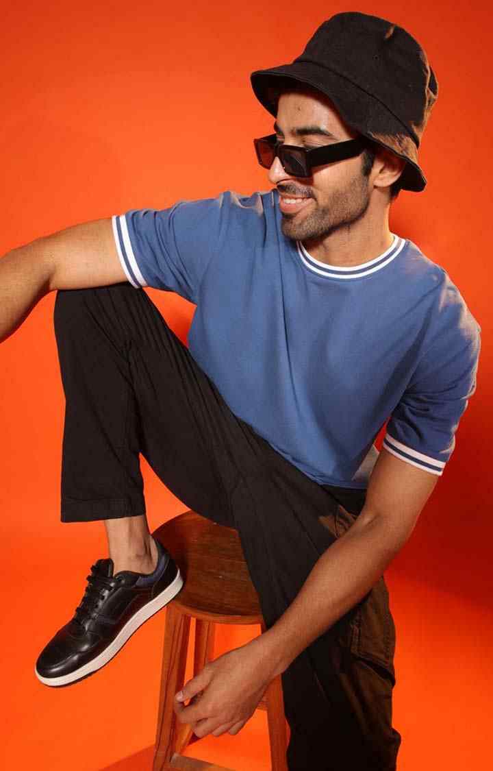 SUBTRACT-Men Denim Blue Round Neck Oversized Tshirt with Contrast Rib Details