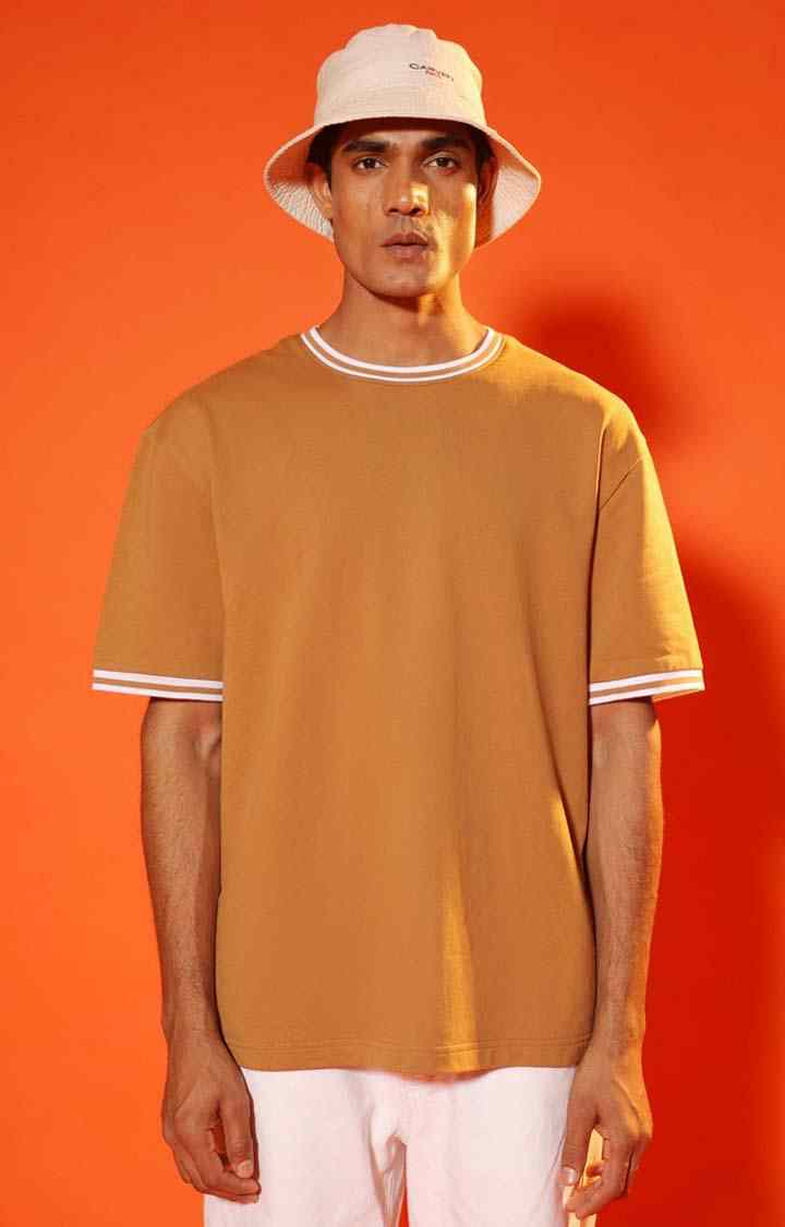 SUBTRACT-Men Tan Brown Round Neck Oversized Tshirt with Contrast Rib Details