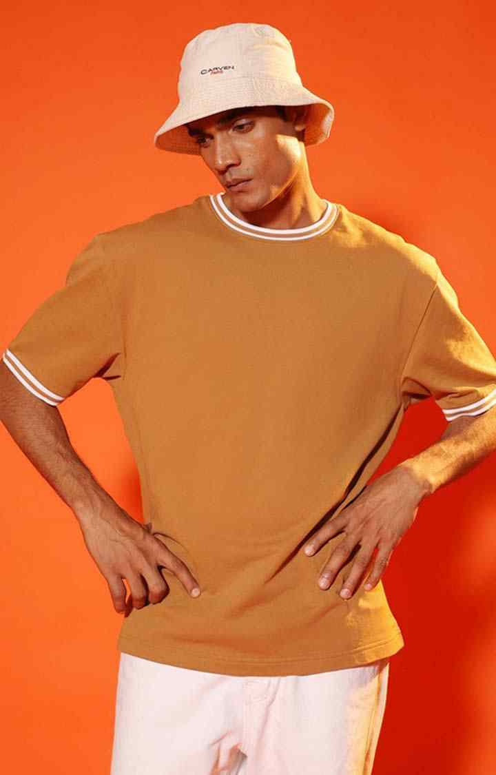 SUBTRACT-Men Tan Brown Round Neck Oversized Tshirt with Contrast Rib Details