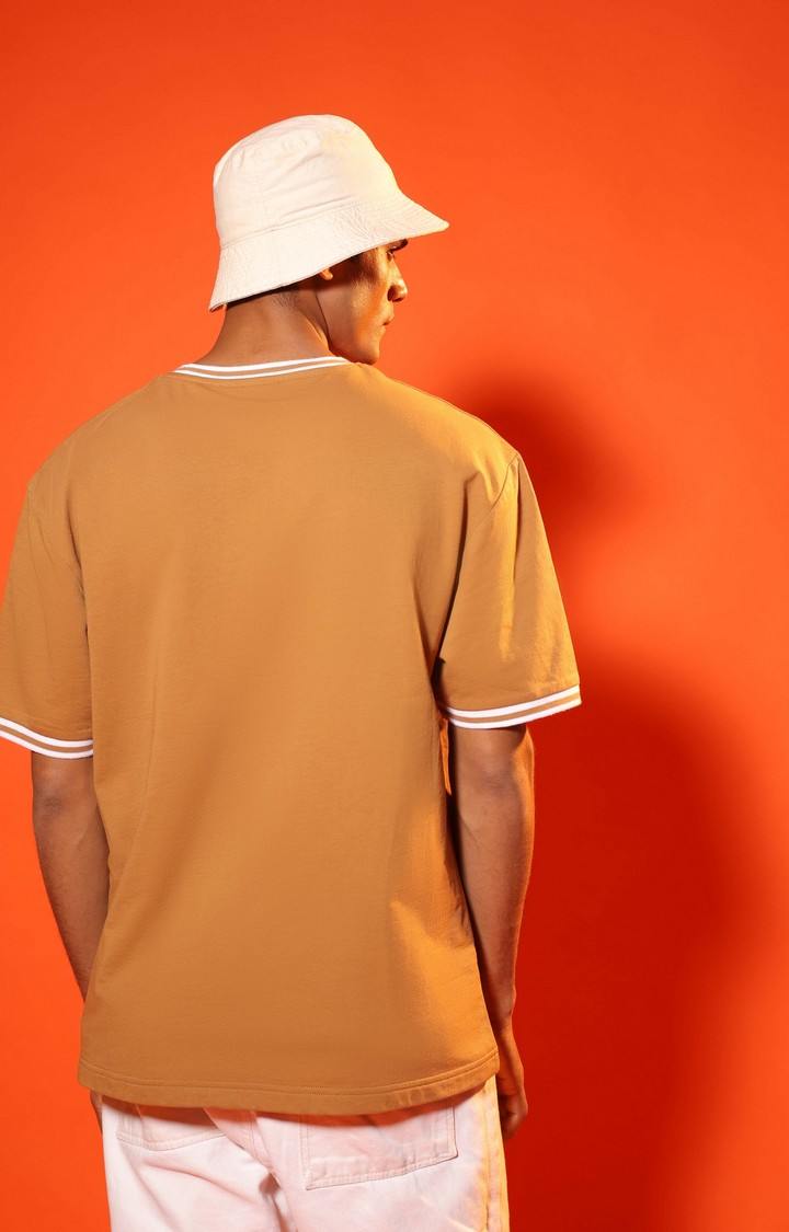 SUBTRACT-Men Tan Brown Round Neck Oversized Tshirt with Contrast Rib Details