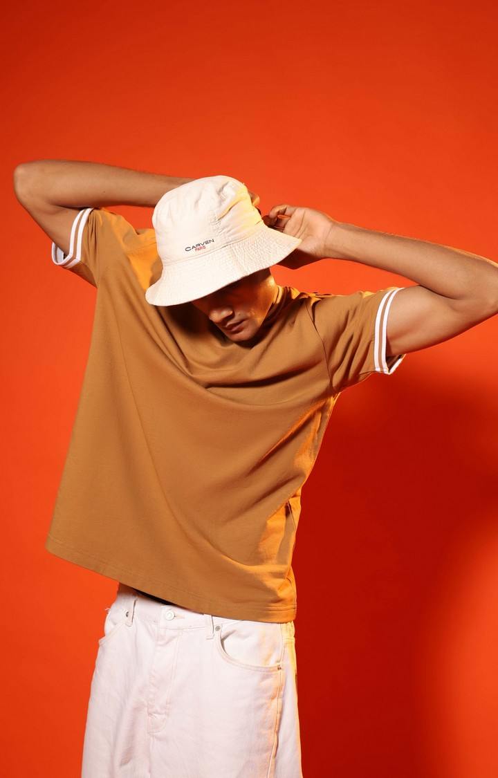 SUBTRACT-Men Tan Brown Round Neck Oversized Tshirt with Contrast Rib Details