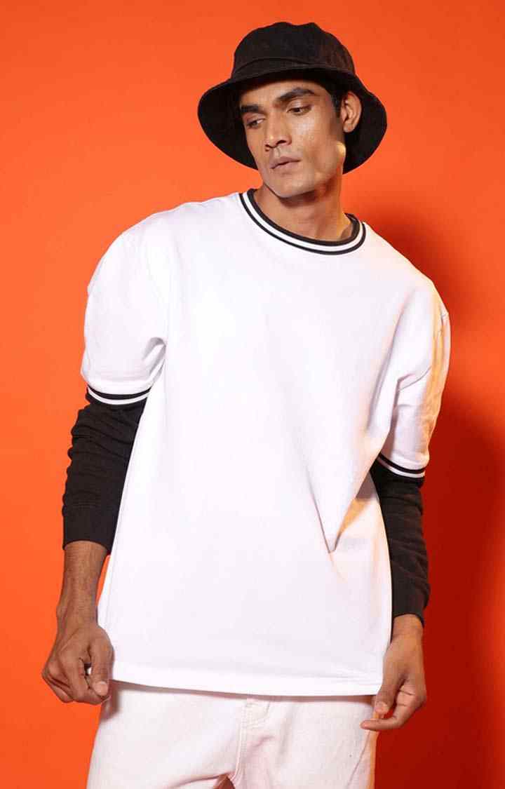 SUBTRACT-Men White Round Neck Oversized Tshirt with Contrast Rib Details