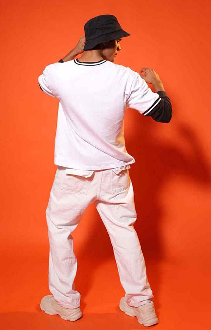 SUBTRACT-Men White Round Neck Oversized Tshirt with Contrast Rib Details