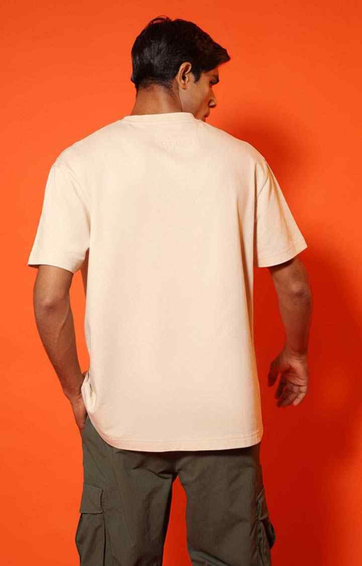SUBTRACT-Men Cream Comfort Fit Solid Round Neck Oversized Tshirt