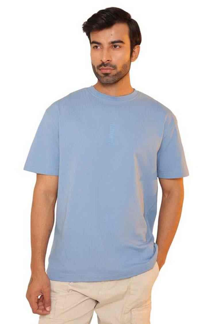 SUBTRACT-Men Frost Blue Comfort Fit Solid Round Neck Oversized Tshirt