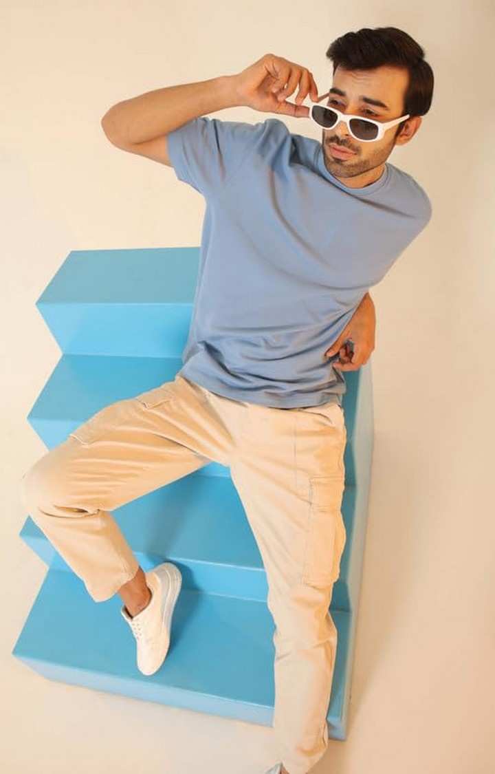 SUBTRACT-Men Frost Blue Comfort Fit Solid Round Neck Oversized Tshirt