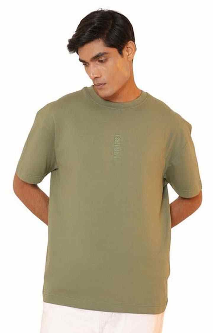 SUBTRACT-Men Olive Green Comfort Fit Solid Round Neck Oversized Tshirt