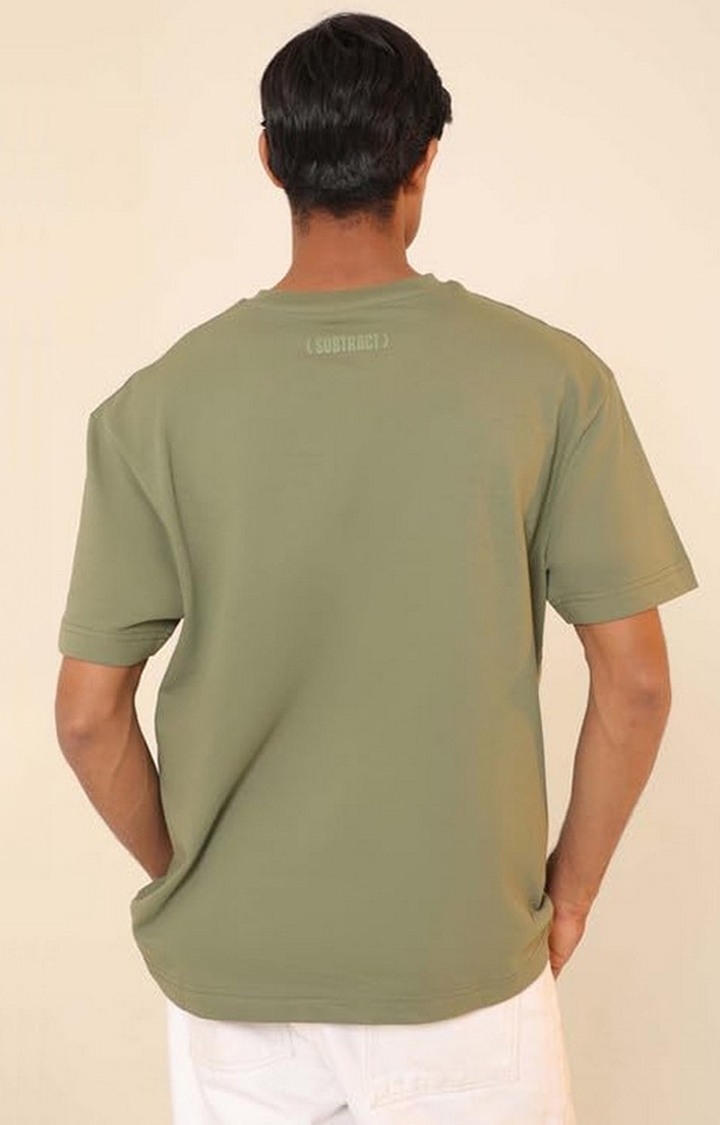 SUBTRACT-Men Olive Green Comfort Fit Solid Round Neck Oversized Tshirt