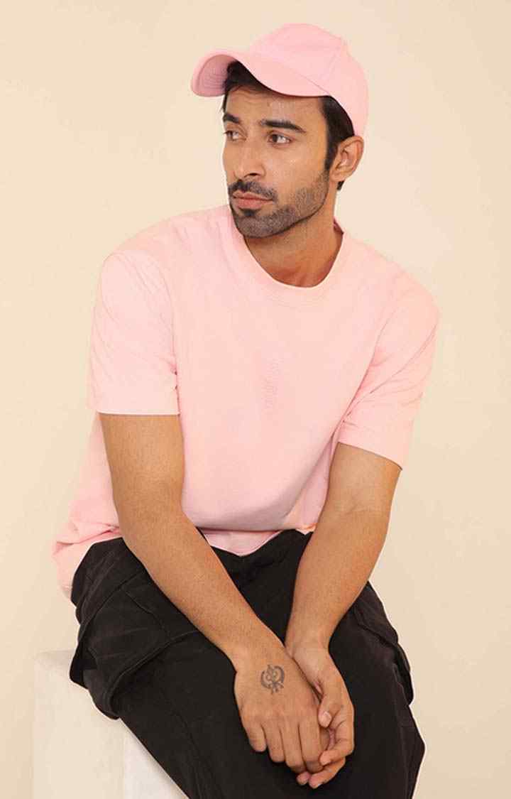 SUBTRACT-Men Salmon Pink Comfort Fit Solid Round Neck Oversized Tshirt