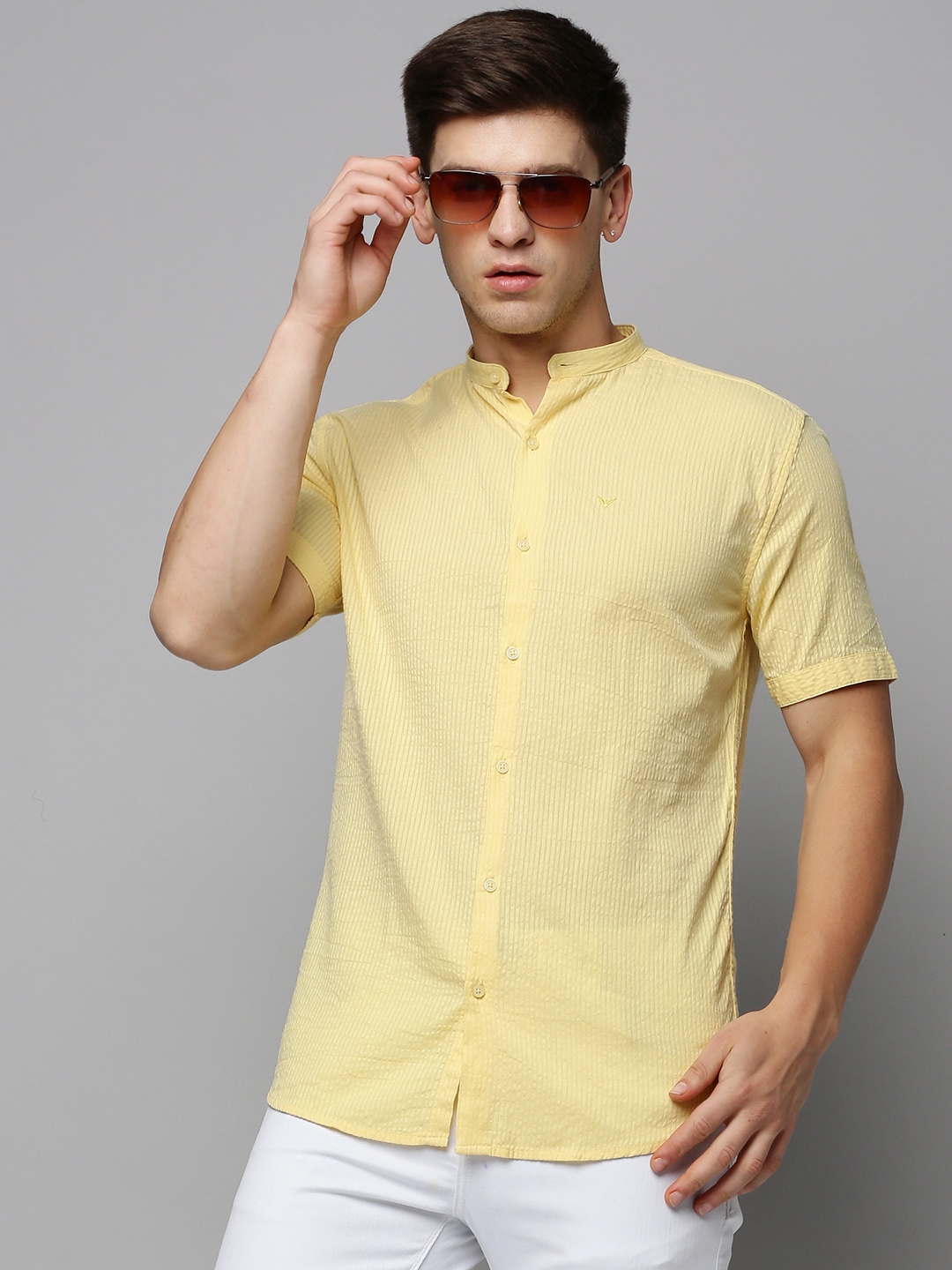 Showoff | SHOWOFF Men's Mandarin Collar Short Sleeves Self Design Yellow Shirt 0