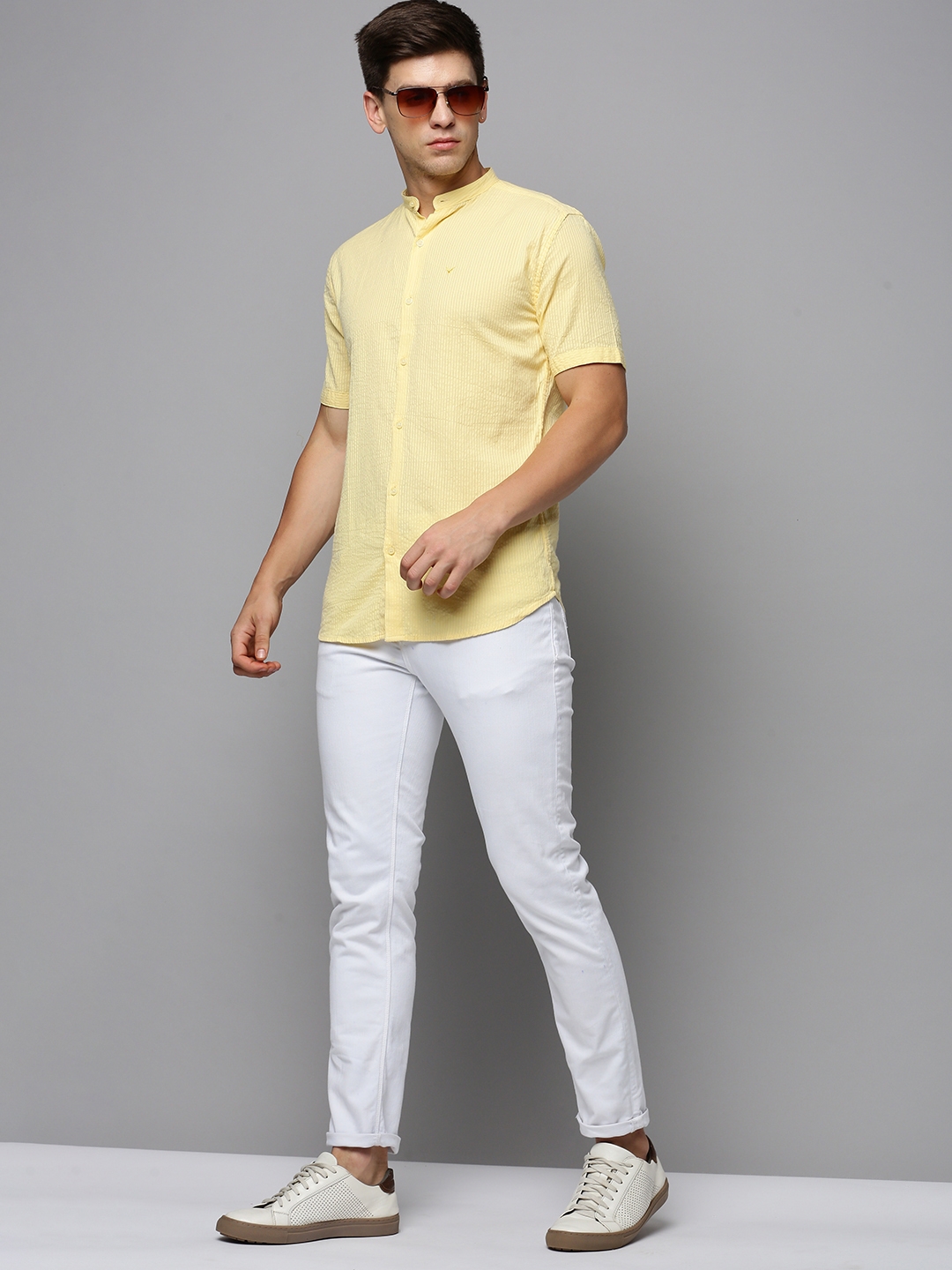 Showoff | SHOWOFF Men's Mandarin Collar Short Sleeves Self Design Yellow Shirt 4