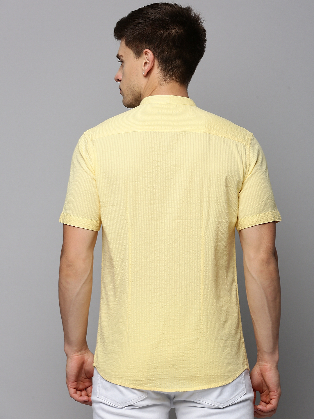 Showoff | SHOWOFF Men's Mandarin Collar Short Sleeves Self Design Yellow Shirt 3
