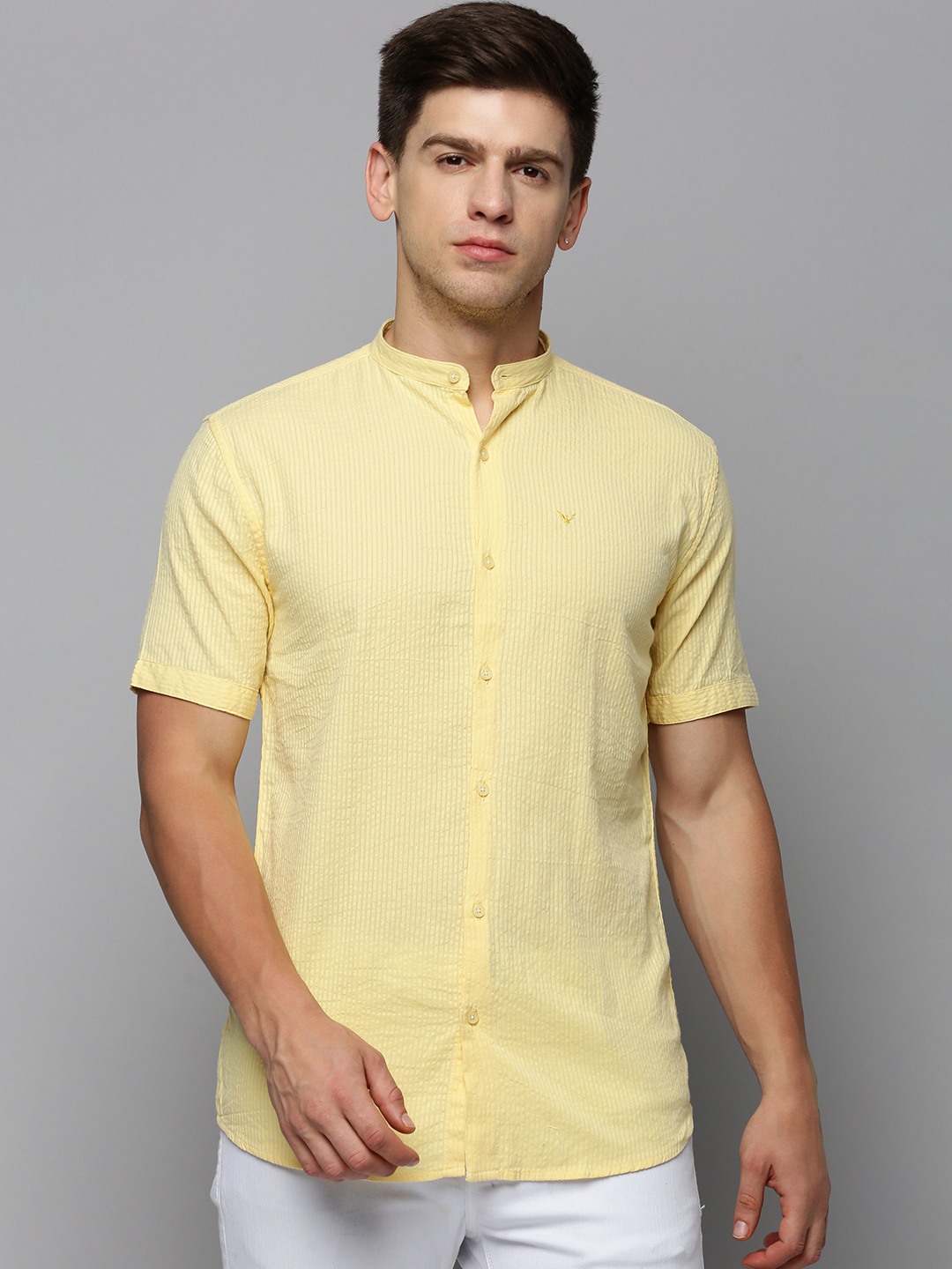 Showoff | SHOWOFF Men's Mandarin Collar Short Sleeves Self Design Yellow Shirt 1