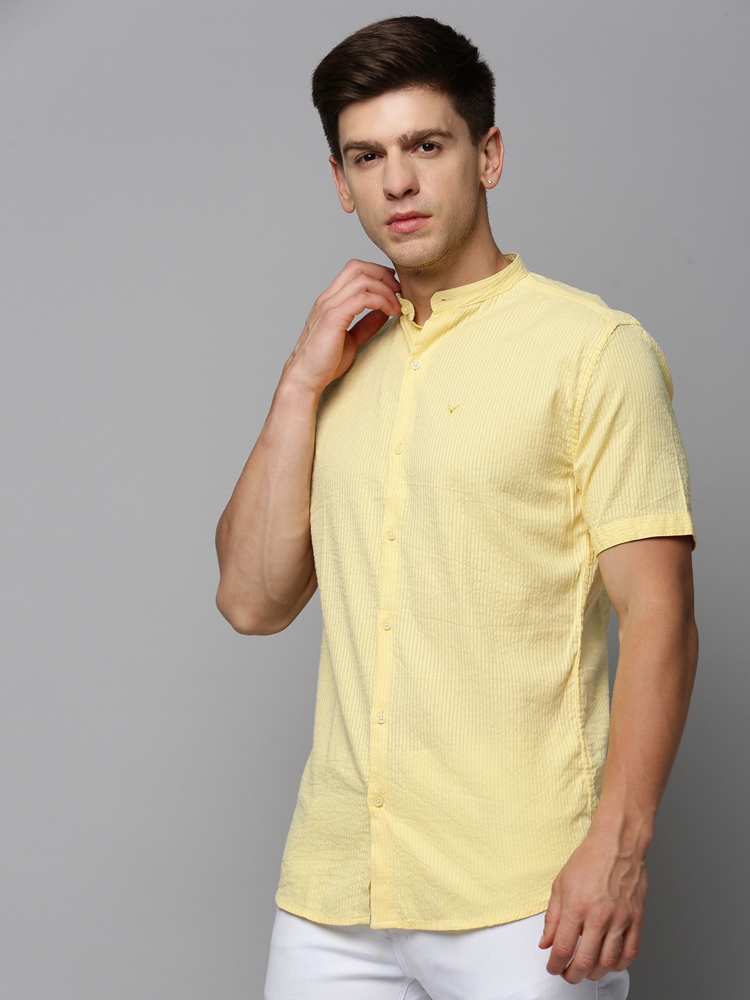 Showoff | SHOWOFF Men's Mandarin Collar Short Sleeves Self Design Yellow Shirt 2
