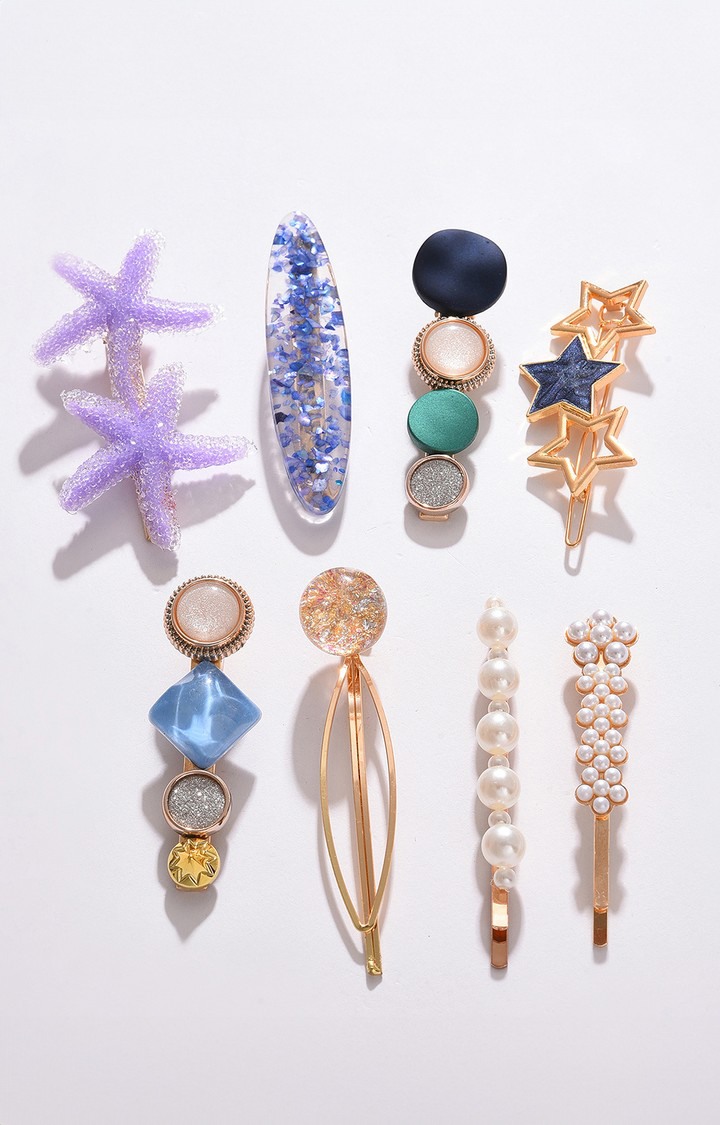 Women's pack of 8 Women Gold-Toned & Lavender Fur Alligator Hair Clip