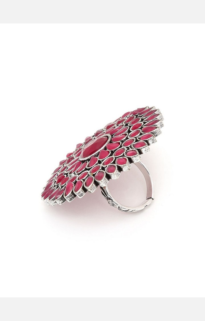 SOHI Silver-Plated & Pink Stone Studded Finger Ring