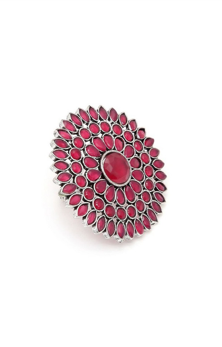 SOHI Silver-Plated & Pink Stone Studded Finger Ring