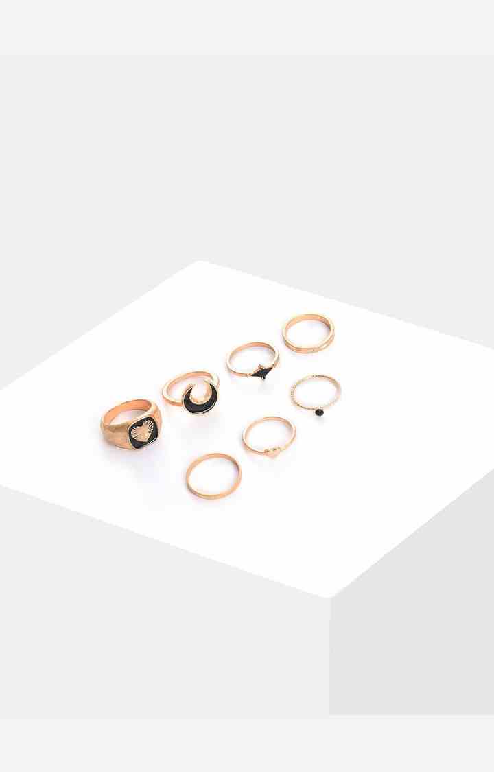SOHI Set of 7 Gold-Plated Black Stone Studded Finger Ring