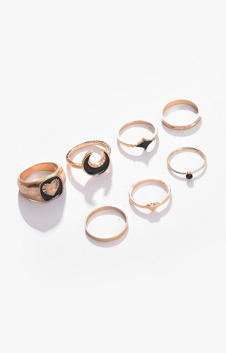 SOHI Set of 7 Gold-Plated Black Stone Studded Finger Ring