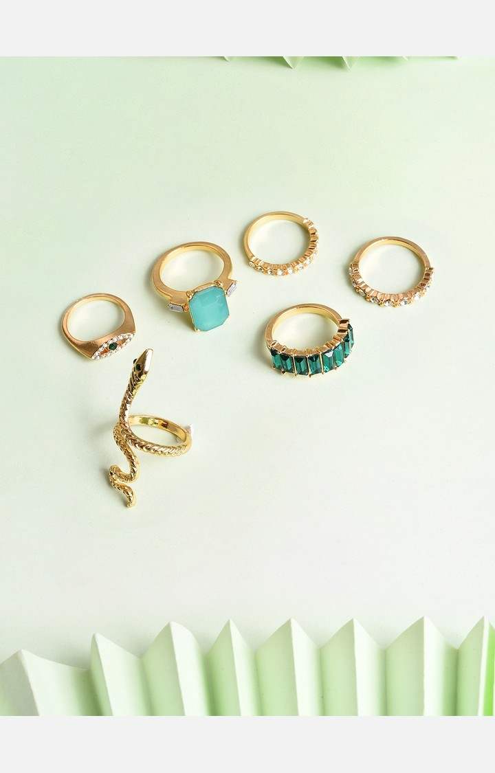 SOHI Set Of 6 Gold-plated Artificial Stone Studded Finger Rings