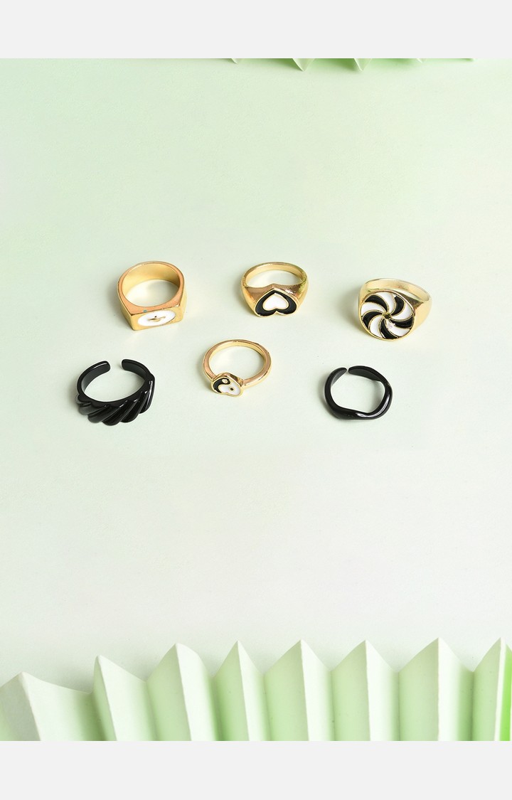 SOHI Set Of 6 Gold-Plated & Black Adjustable Finger Ring