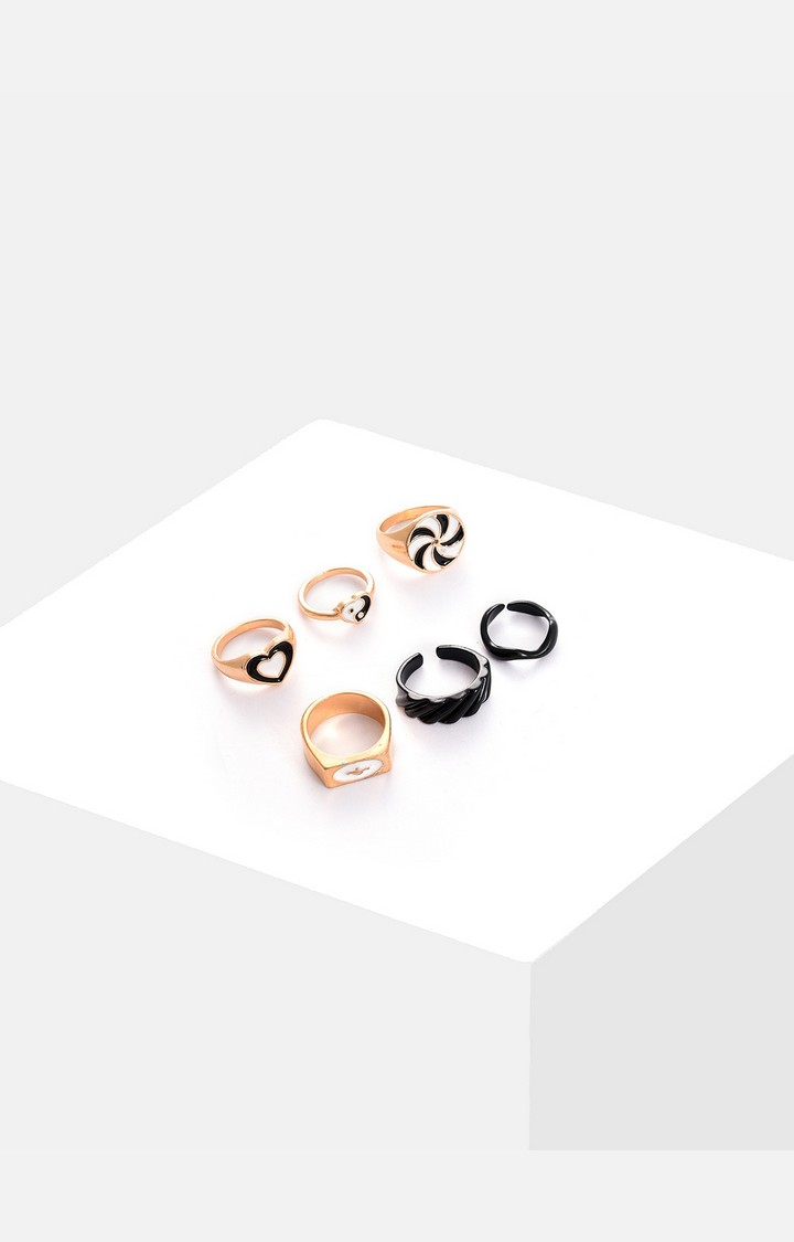 SOHI Set Of 6 Gold-Plated & Black Adjustable Finger Ring