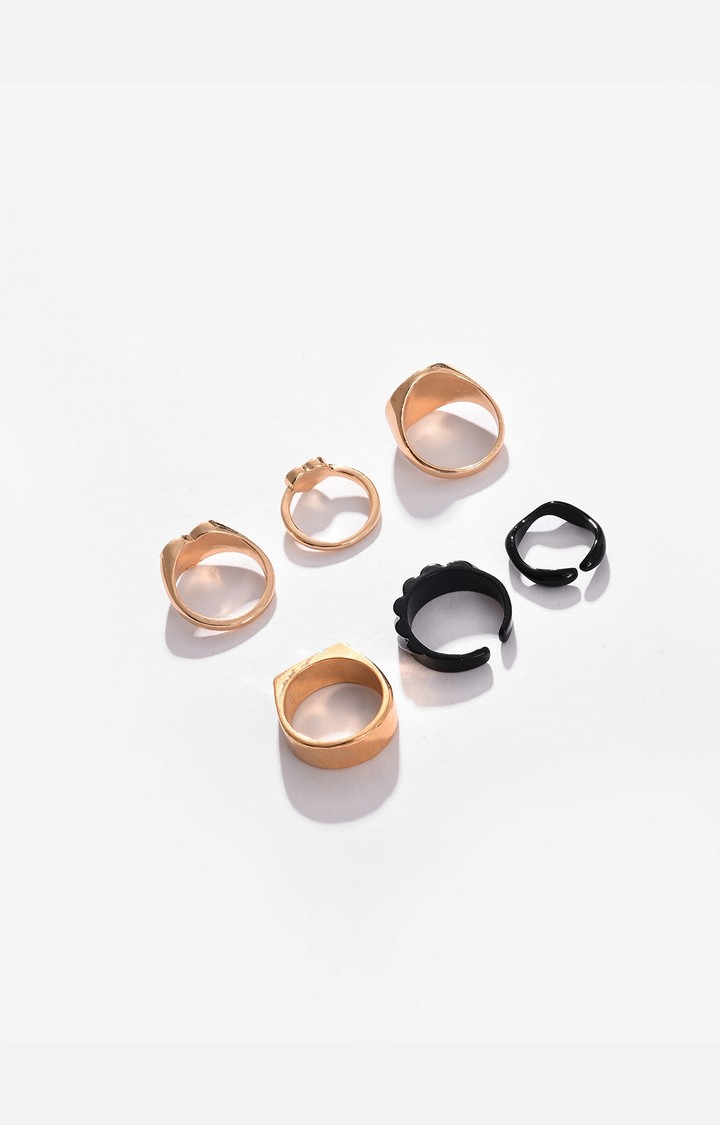 SOHI Set Of 6 Gold-Plated & Black Adjustable Finger Ring
