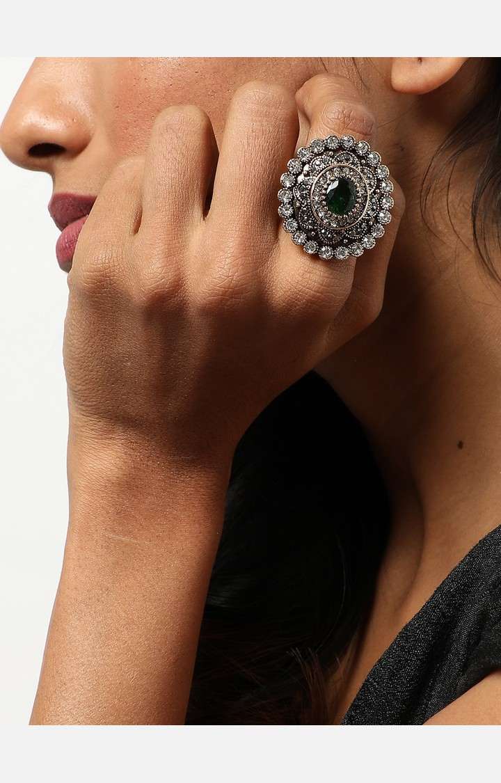 SOHI Gold-Plated Green Stone-Studded Finger Ring
