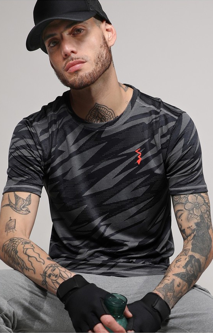 CAMPUS SUTRA | Men's Dark Grey Printed Activewear T-Shirt